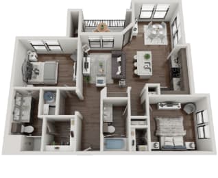 a 3d floor plan of a 3 bedroom apartment at the residences at silver hill in suit