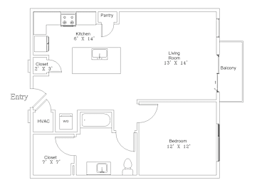 A floor plan of a home showing a kitchen, living room, and bedrooms.