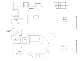 A floor plan of a house with a kitchen, living room, and two bedrooms.