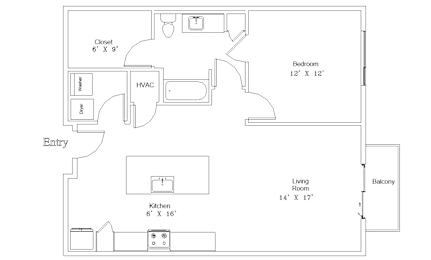 A floor plan of a small apartment with a living room, kitchen, bedroom, and bathroom.