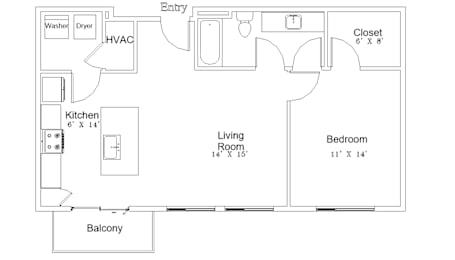 A floor plan of a small apartment with a kitchen, living room, bedroom and bathroom.