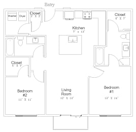 A floor plan of a living space with a kitchen, two bedrooms, and three closets.