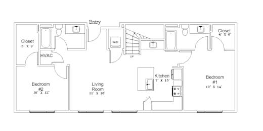 A floor plan of a house with a living room, kitchen, two bedrooms and a closet.