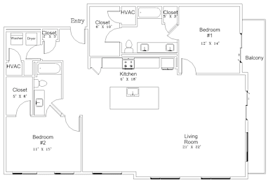 A floor plan of a house with two bedrooms, a kitchen, a living room, and a balcony.