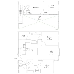 A floor plan of a home with a kitchen, living room, and two bedrooms.