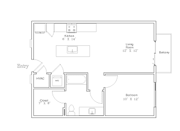 A floor plan of an apartment with a kitchen, living room, balcony, bathroom, and entry.