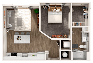 A top-down view of a small apartment with a kitchen, living room, and bathroom.