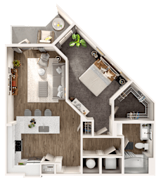 A detailed 3D floor plan of a house showing the layout of the kitchen, living room, and bedrooms.