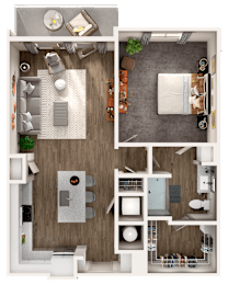 A top-down view of a small apartment layout with a kitchen, living room, and bathroom.