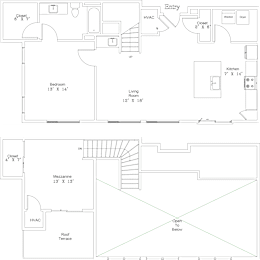 A floor plan of a house with a bedroom, living room, kitchen, and a mezzanine area.