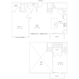 A floor plan of a house with a living room, kitchen, and bathroom.