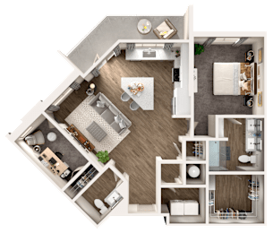 A top-down view of a house layout with a kitchen, living room, dining area, and bedrooms.