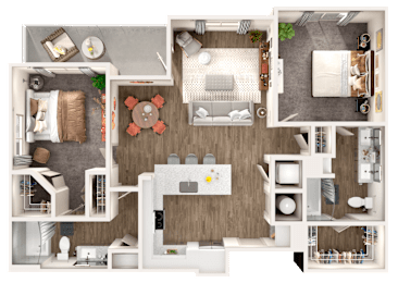 A top-down view of a house layout with various rooms and furniture.