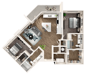 A 3D floor plan of a house with a living room, kitchen, and bedrooms.