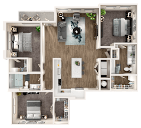 A top-down view of a house layout with a living room, kitchen, and bedrooms.