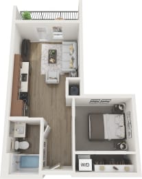 a stylized floor plan with a bedroom and a living room