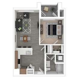 A floor plan of a small apartment with a kitchen, living room, and bathroom.