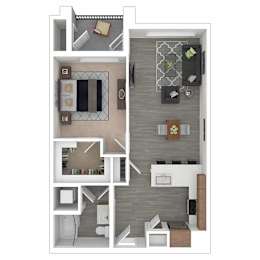 A floor plan of a small apartment with a kitchen, living room, and bedroom.