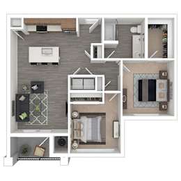 A top-down view of a modern apartment layout with a kitchen, living room, and bedrooms.