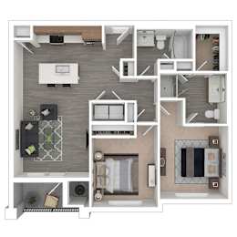 A top-down view of a house layout with a kitchen, living room, and bedrooms.