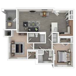 A top-down view of a small apartment layout with a kitchen, living room, and bathroom.