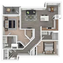 A 3D floor plan of a house showing a living room, kitchen, and bedrooms.