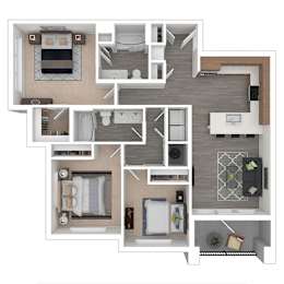 A detailed 3D floor plan of a modern apartment.