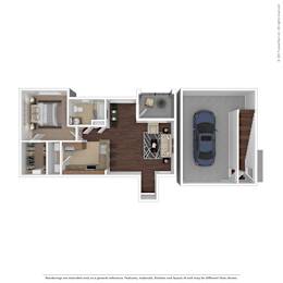 A 3D rendered image of a floor plan of a house.