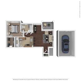 A floor plan of a house with a garage and a car.