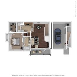 A floor plan of a house with a living room, dining room, kitchen, and bedrooms.