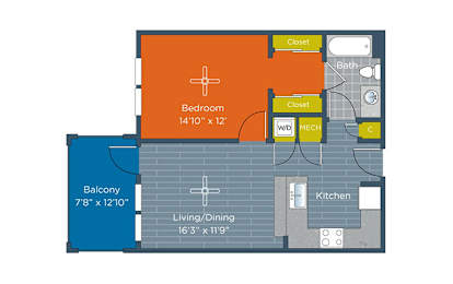 A floor plan of a home with a bedroom, bathroom, kitchen, living/dining area, and balcony.
