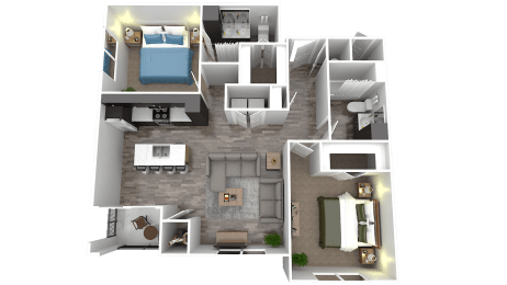 a floor plan of a two bedroom apartment with two bathrooms and a balcony
