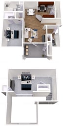A floor plan of a house with a kitchen, living room, and two bedrooms.
