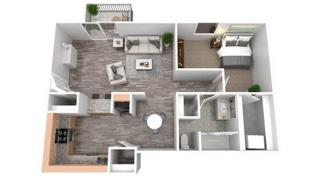 a 3d rendering of a floor plan with a bedroom and a living room