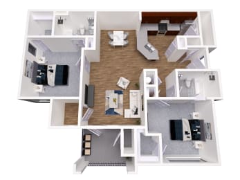 A 3D floor plan of a house with a living room, kitchen, and two bedrooms.
