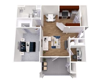 A top-down view of a small apartment with a kitchen, living room, and bedroom.
