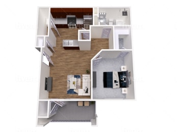 A top-down view of a house layout with a living room, kitchen, and bedrooms.