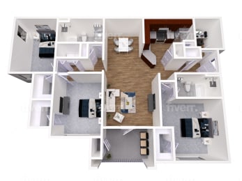 A 3D floor plan of a house with multiple rooms.