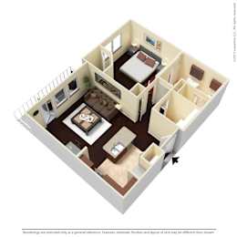 A 3D image of a house layout with a kitchen, living room, and bedrooms.