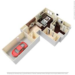 A red car is parked in a garage in a house plan.