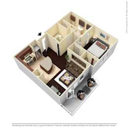 A 3D image of a house layout with a kitchen, living room, and bedrooms.