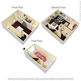 Three floor plan of a house with a car in the first floor.