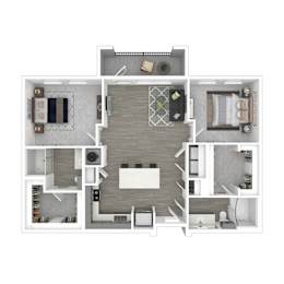 A 3D floor plan of a house with a living room, kitchen, and bedrooms.