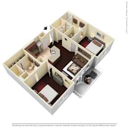A 3D rendered image of a house layout.
