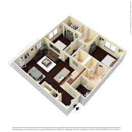 A 3D floor plan of a house with a living room, kitchen, and two bedrooms.