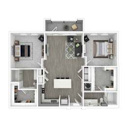 A 3D floor plan of a house with a kitchen, living room, dining room, and bedrooms.