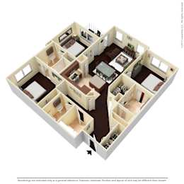 A 3D layout of a house with multiple rooms.
