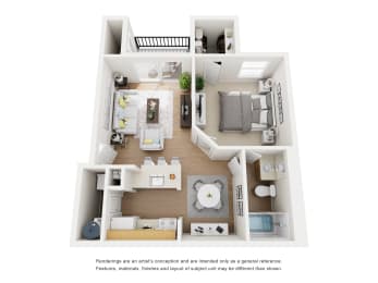 3D floor plan of one bedroom apartment layout1 at Carmel Creekside Apartments, Fort Worth, TX