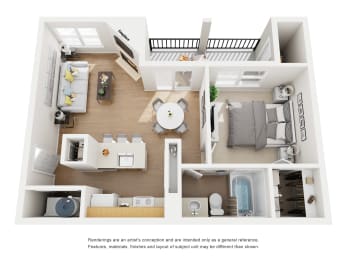3D floor plan of one bedroom apartment1 at Carmel Creekside Apartments, Fort Worth, 76137