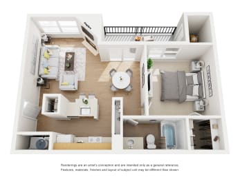 One bedroom 3D floorplan with open layout at Carmel Creekside Apartments, Fort Worth, Texas